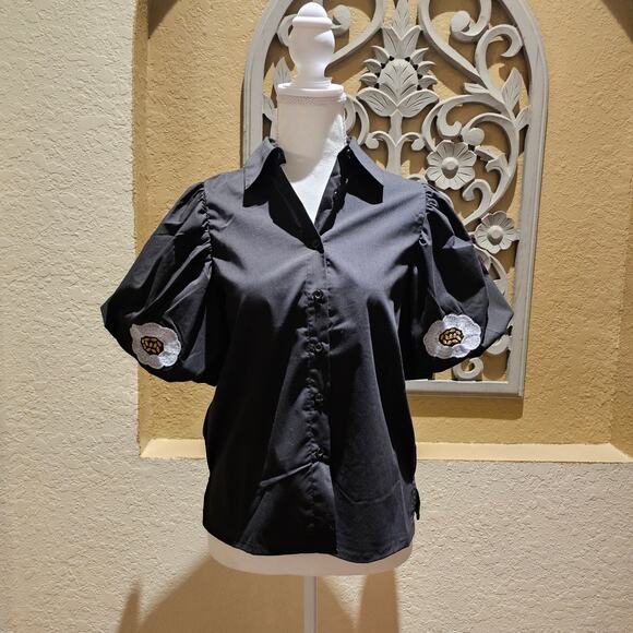 By Design S Black Puff Sleeve Button Up Embroidered Top NWT Poplin Holiday Chic - Picture 3 of 11